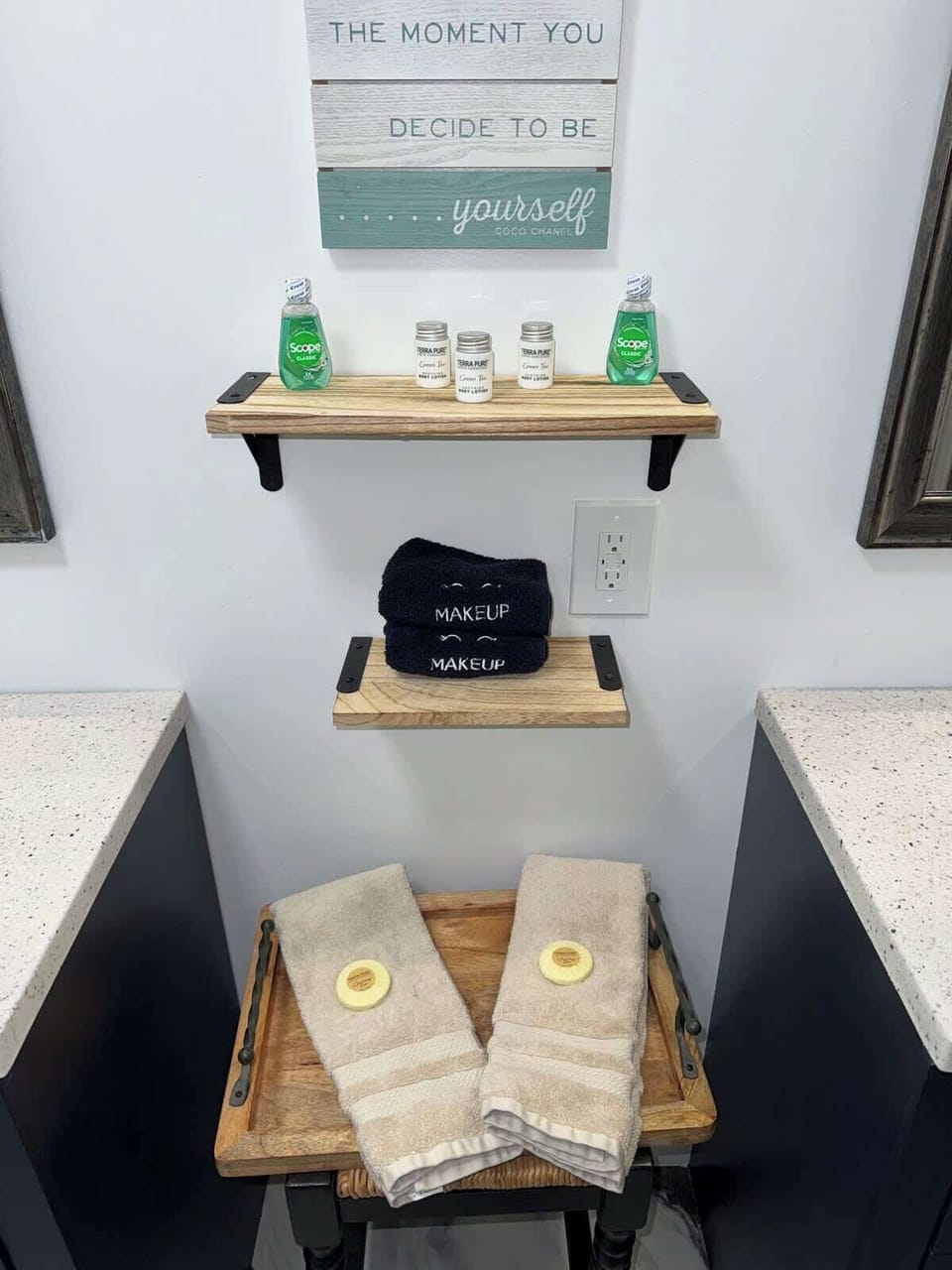 Spa like feeling in this restroom. Plenty of hand and body towels. Makeup towels to take your face off from a fun filled day, and individually wrapped soap. 