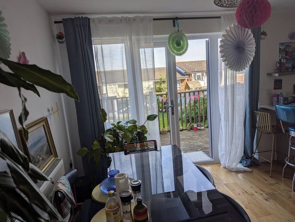 Bright and airy, the dining area offers a charming setting for breakfast