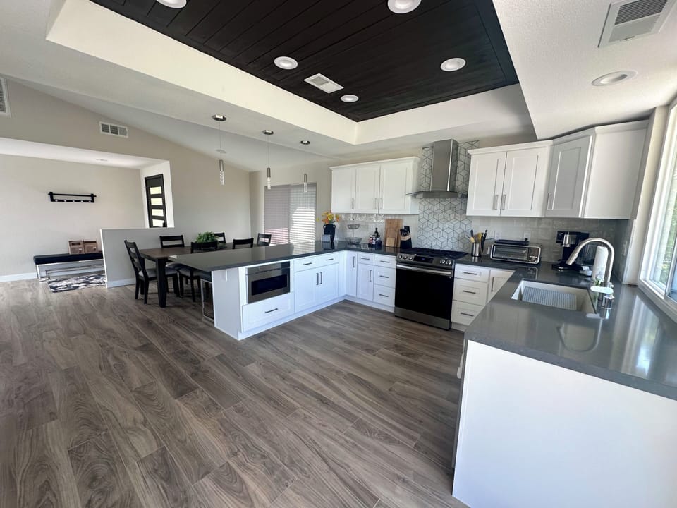 Bright and airy kitchen and dining area.