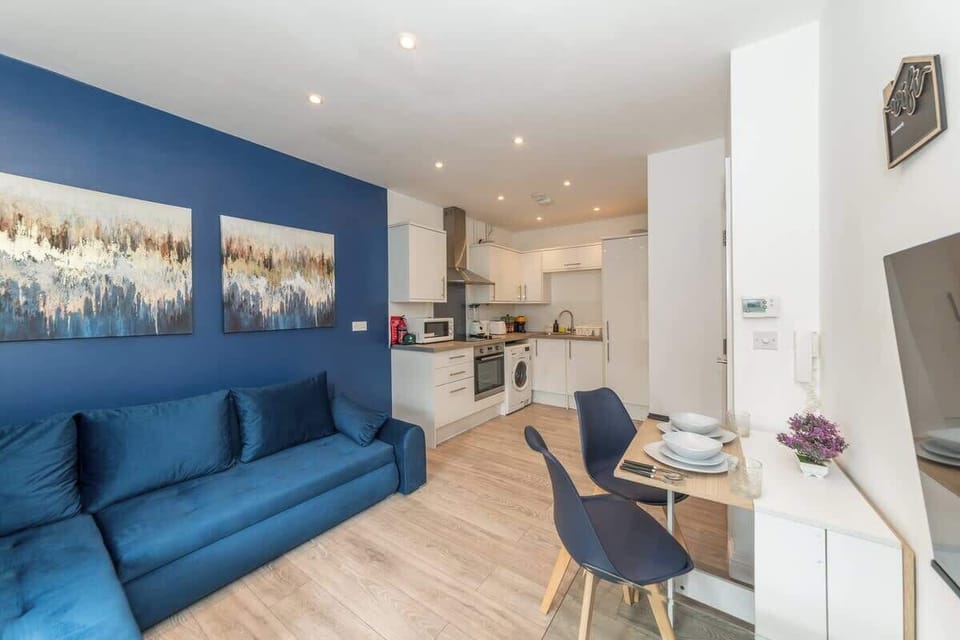 The kitchen features modern white cabinetry, stainless steel appliances, and a sleek countertop complemented by a blue accent wall.