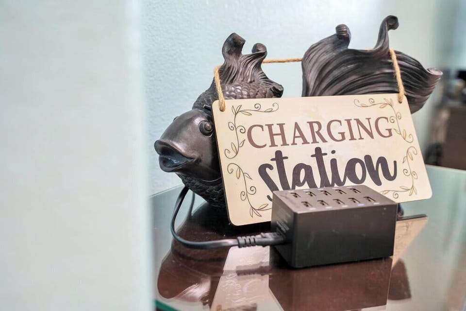 A decorative fish-shaped charging station with multiple USB ports for guest convenience.