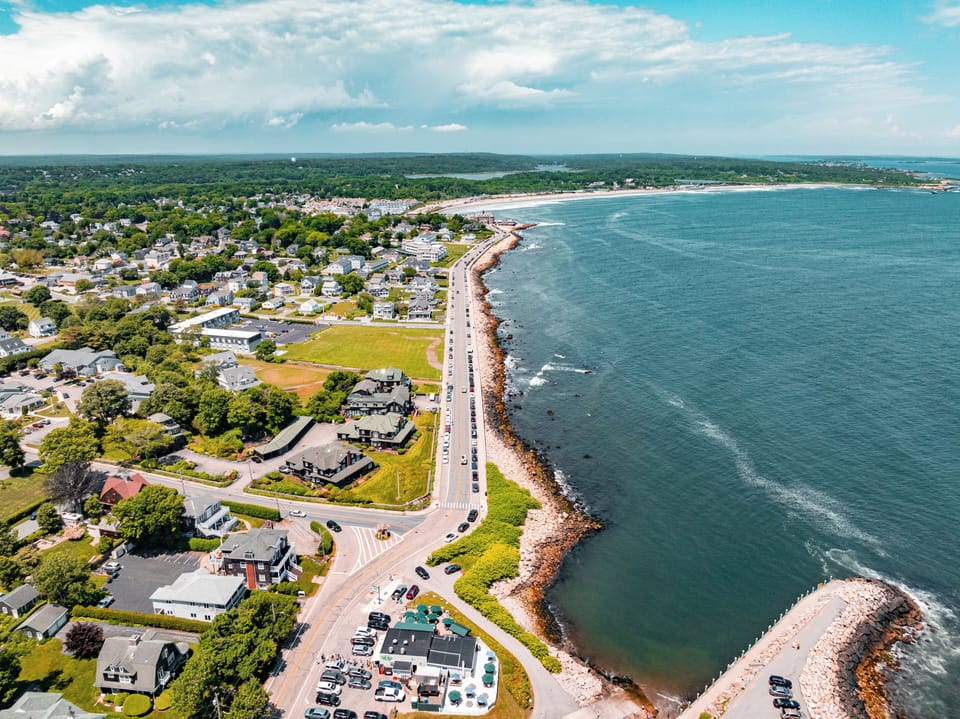 Aerial view water nearby. 