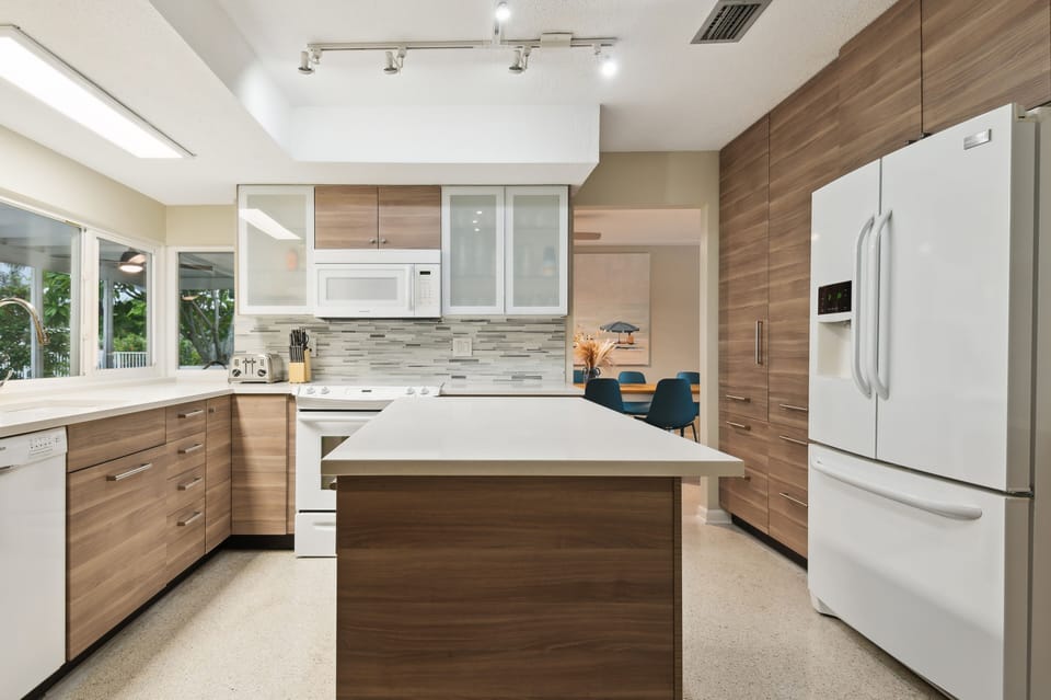 Indoors, Kitchen, Refrigerator, Microwave, Chair