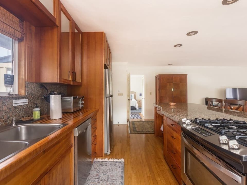 Indoors, Kitchen, Hardwood, Stained Wood, Refrigerator