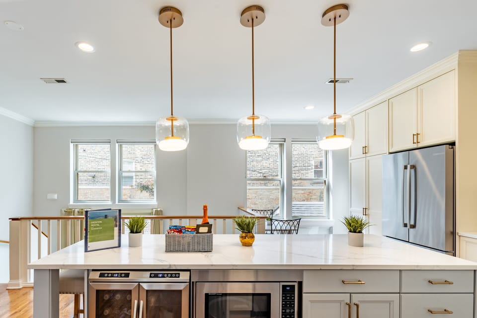 Indoors, Kitchen, Microwave, Kitchen Island, Refrigerator