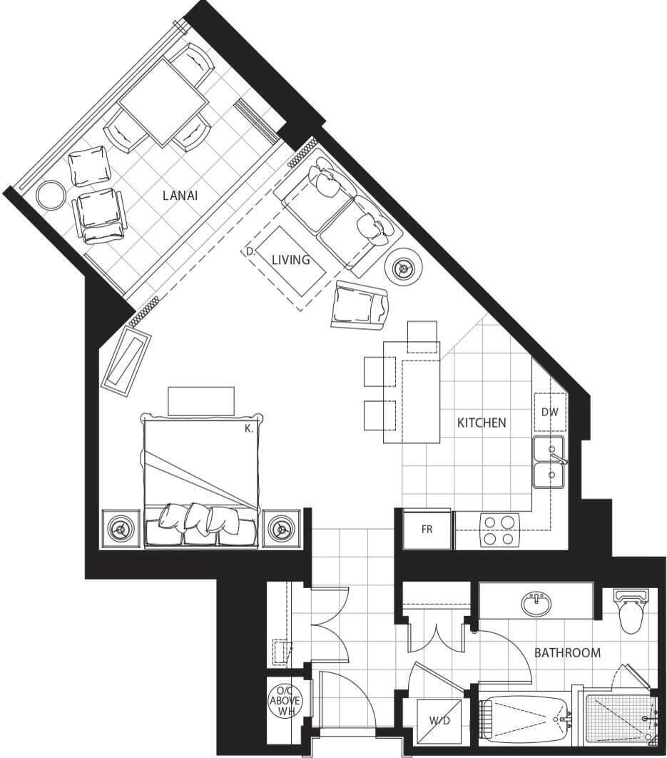 This floor plan highlights your studio’s smart layout, where the sleeping, living, kitchen, and lanai areas connect into one easy flowing space.