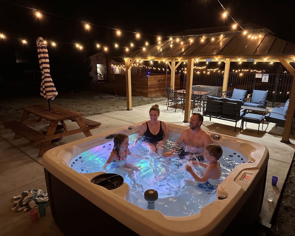 ive into your private oasis. ✨ Start your vacation right in our lit hot tub under the stars. It’s perfect for family laughs or melting the day away. Come make memories.