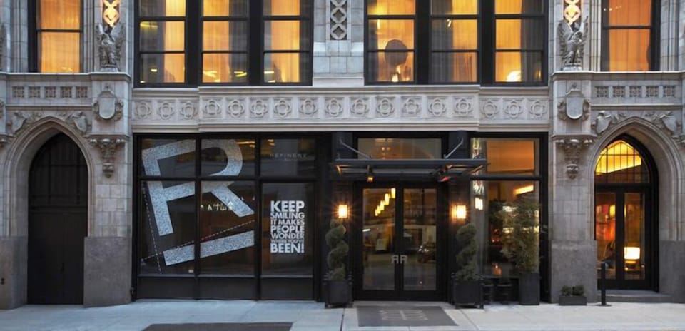 Arrive in style at this striking, historic city façade.