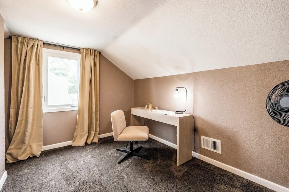 Our upstairs workspace is in a room all its own, providing the perfect setting for quiet and focused productivity. With a comfortable desk, chair, and fast internet, you can work from anywhere in peace.