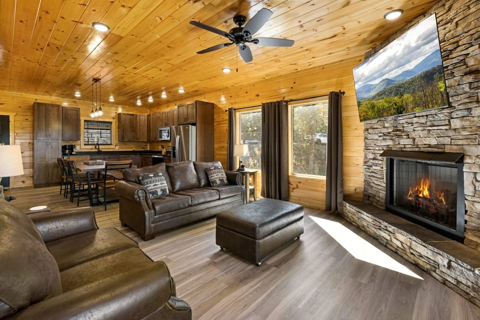 Comfy seating and a gas fireplace