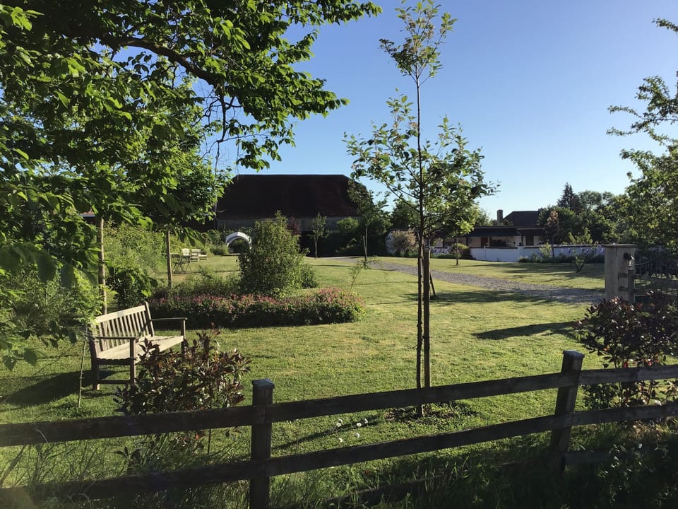 The view from the back country lane over the large garden.