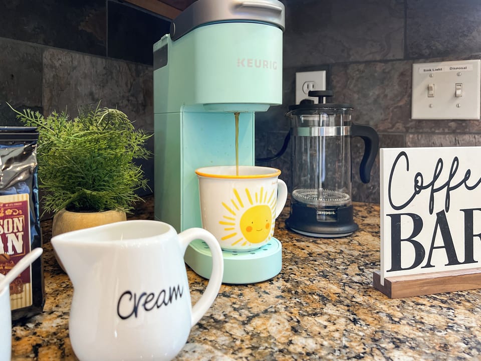 You will find a Keurig, french press, and drip coffee make here. We also provide pods and creamer for the keurig.