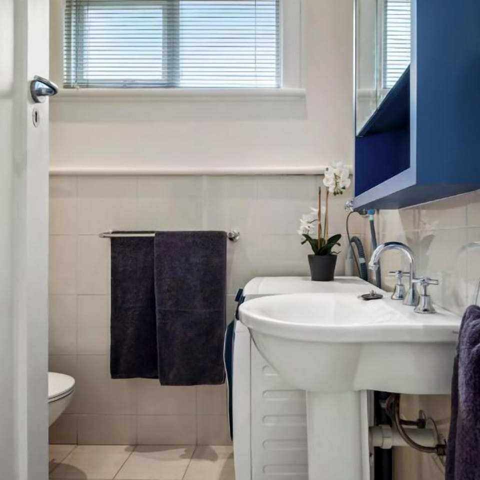 BATHROOM: A washer-dryer is located in the bathroom. An iron and ironing board is provided. 