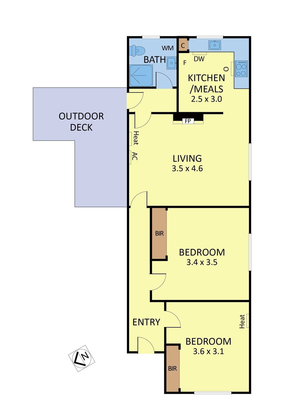 FLOOR PLAN: 1st floor 2 bedrooms with queen and double bedrooms with built in wardrobes. Living room with large L shaped couch with bedding provided to sleep an extra guest. Compact kitchen with meals area. Bathroom with washer/dryer. Shared deck. 