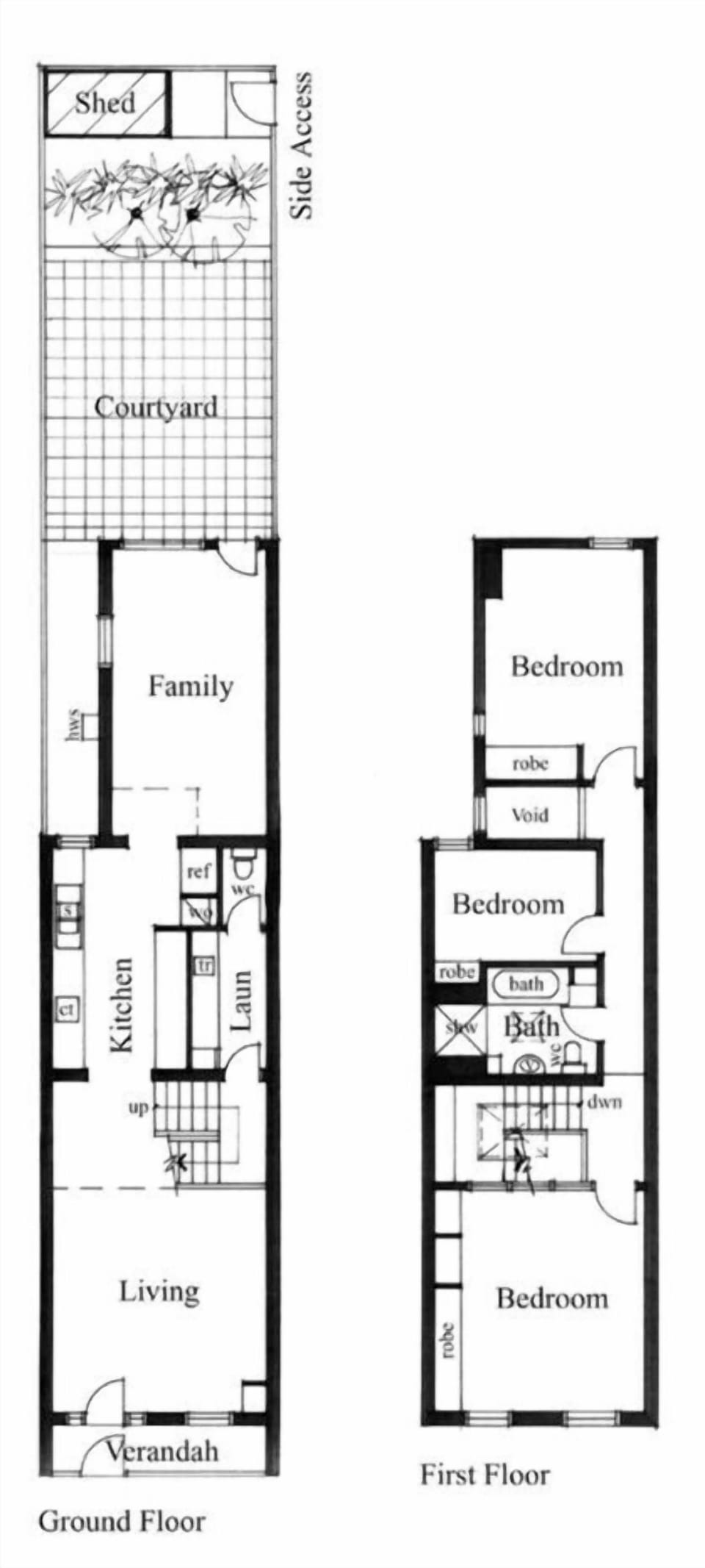 FLOOR PLAN: The open plan Living/Dining room opens to the Kitchen, on to the Family Room with double bed and sofa bed & deck. On the stair landing is the Laundry with a toilet. The first floor has the Master Bedroom, second Bedroom, Bathroom & Study.