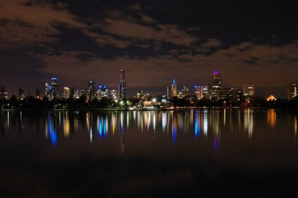 ALBERT PARK LAKE: This is a the stunning cityscape view over Albert Park Lake at night. 