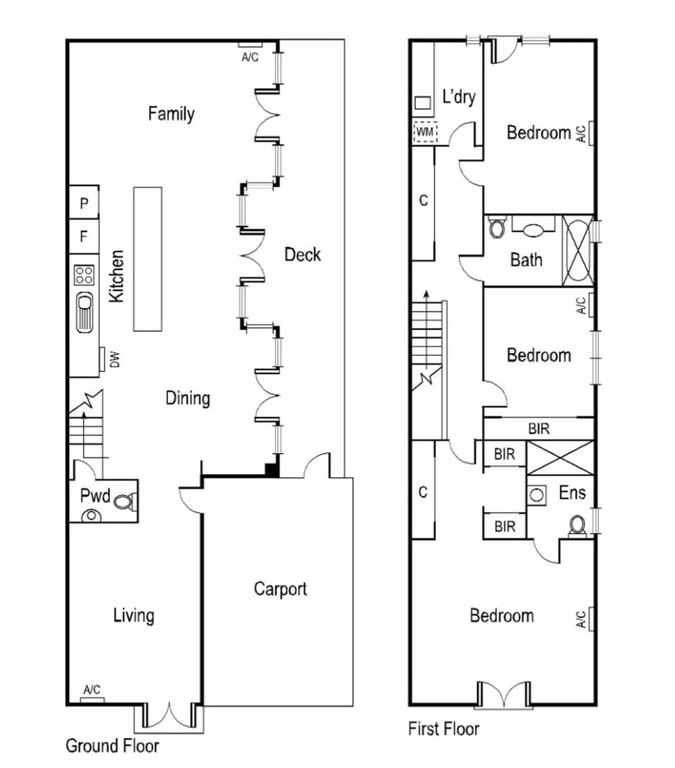 FLOOR PLAN: With a spacious open plan living area with study/bedroom, kitchen, dining and family living spaces. Upstairs are three bedrooms two bathrooms and the laundry.  Outside is a sunny deck and private courtyard. The carport parks two cars. 