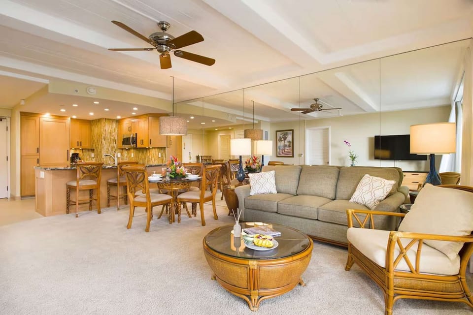 Premier Condo, 1 Bedroom, Kitchen, Ocean View | Living room | 30-inch flat-screen TV with cable channels, TV