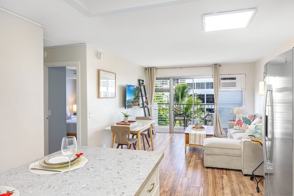 Your living area has a pull-out sleeper sofa, and coffee table, and the dining with table and chairs.