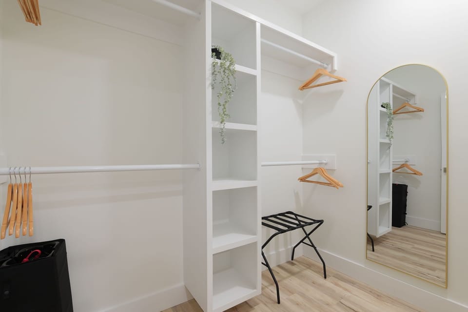 Ample storage and a full-length mirror for your vacation wardrobe!