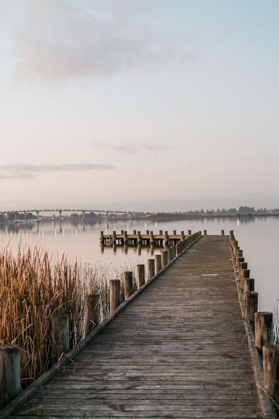 A wooden pier extending over a calm body of water, with tall grasses on the left side. In the background, there is a bridge visible across the water, and the sky has a soft, light hue, suggesting a serene and tranquil atmosphere.