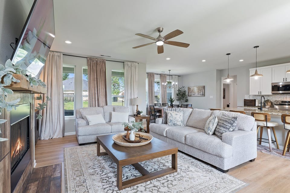 Spacious living room with all new furnishings