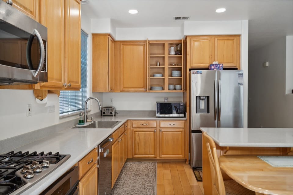 Indoors, Kitchen, Cooktop, Refrigerator, Microwave