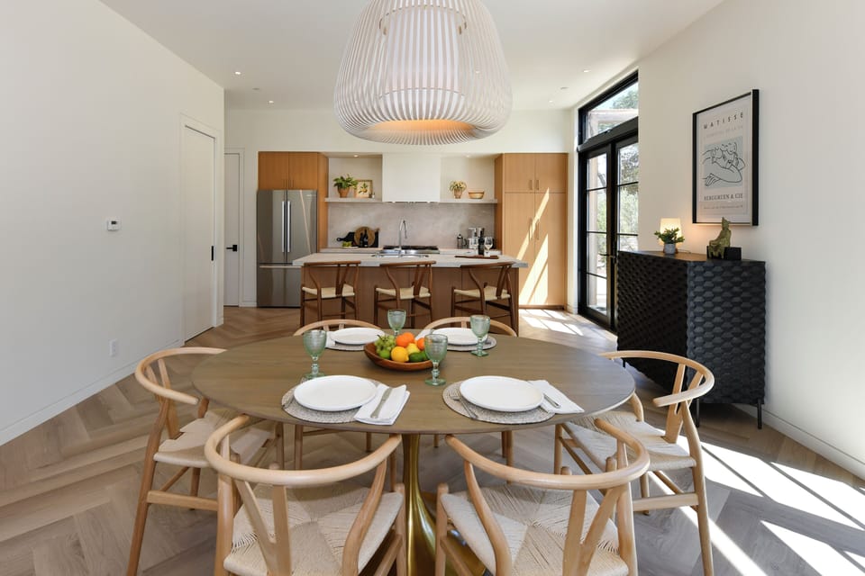 Dining table seats six.