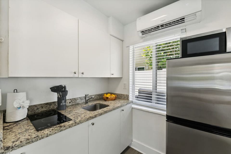 Kitchenette with sink, 2 burner stove, medium size refrigerator, a/c mini split