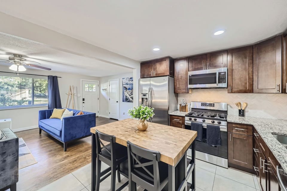 The kitchen is steps away from the living room