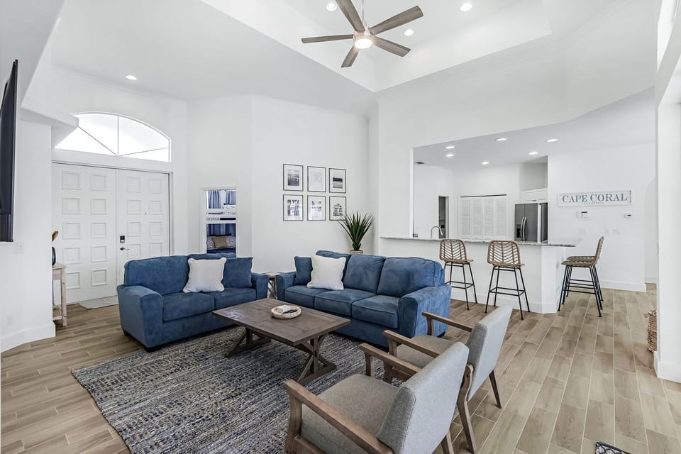 Comfortable living room with brand new furniture open to the kitchen
