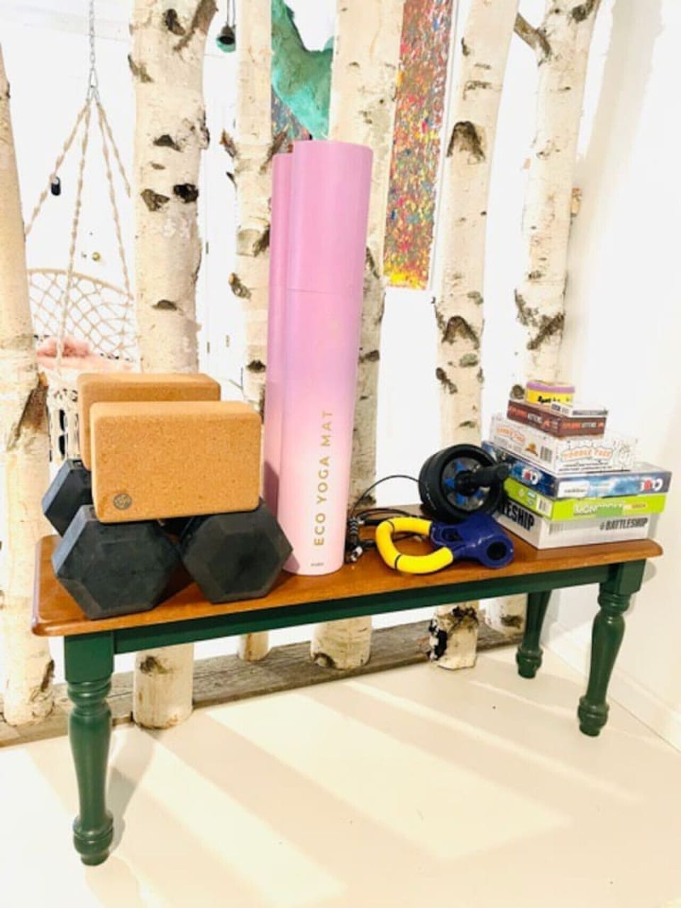 Yoga anybody? Find organic yoga mats, cork blocks, and a number of fun family games neatly concealed in the wood box located in the living room.