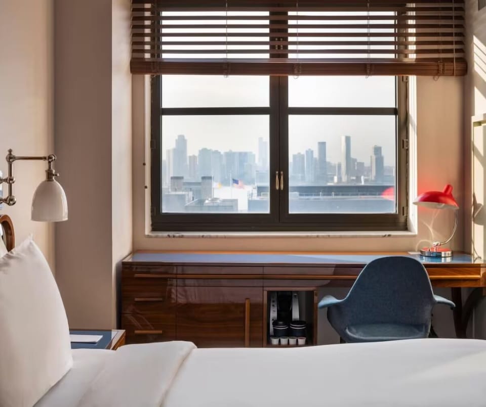 Sip coffee at the window desk overlooking the city.