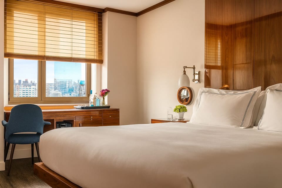 Sink into plush bedding with bright city views ahead.