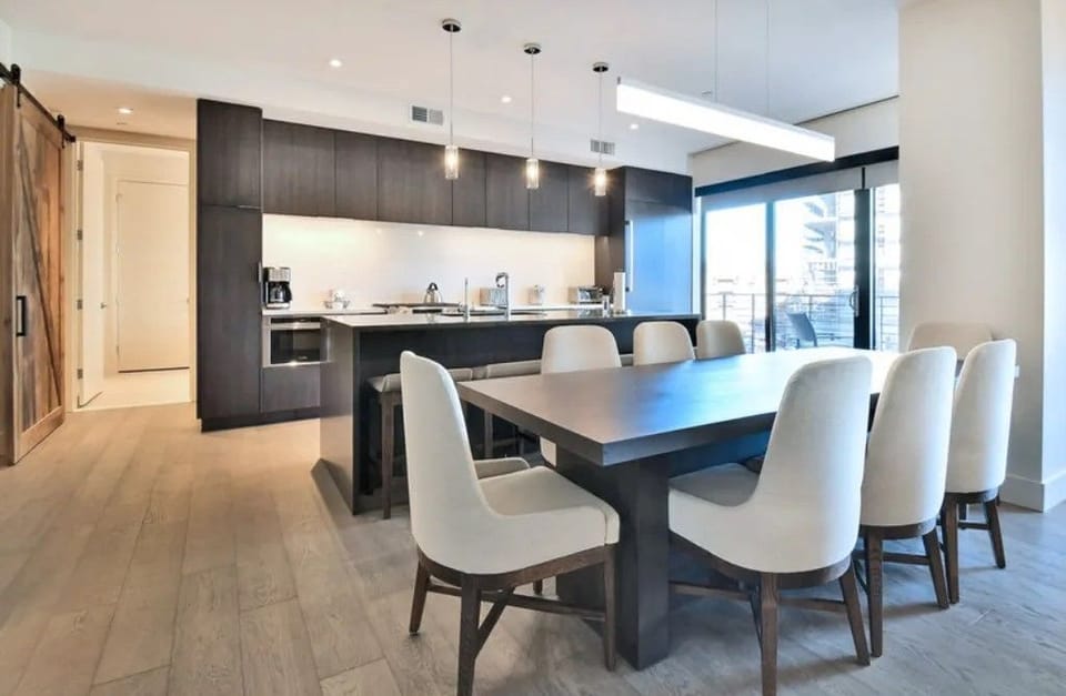 Sophisticated dining room with stylish decor and ample seating.