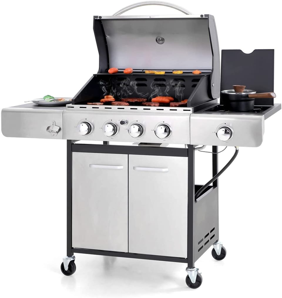 Sophia & William 4-Burner Gas BBQ Grill with Side Burner and Porcelain-Enameled Cast Iron Grates 42,000BTU