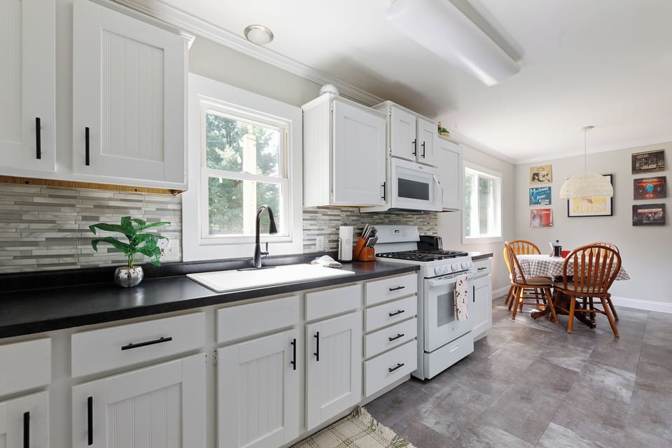 Our well-appointed kitchen is nicely stocked with all the bakeware, pots and pans and mixing bowls to whip together everything from steaks to a cake!