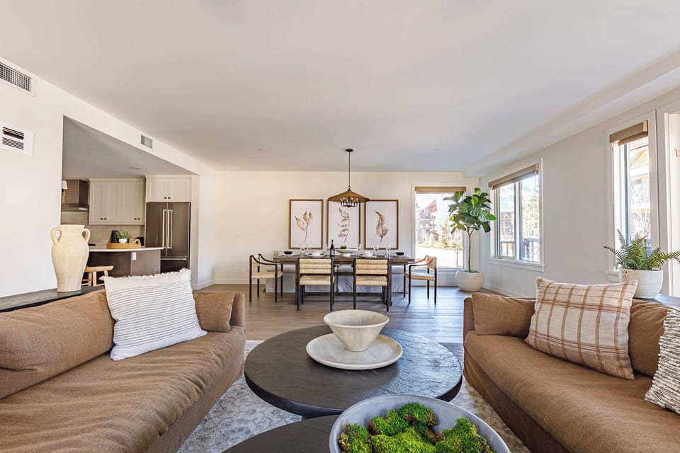 Comfortable living room flowing into the dining area.