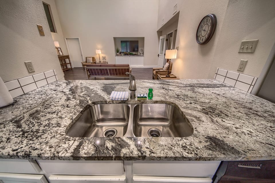 Club Haus Kitchen! New Stainless Steel Sink and PLENTY of counter top space!