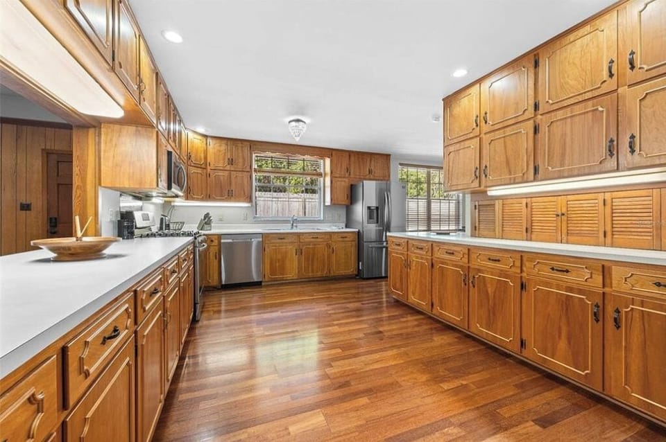 Our large kitchen, complete with pots, pans and cooking supplies.