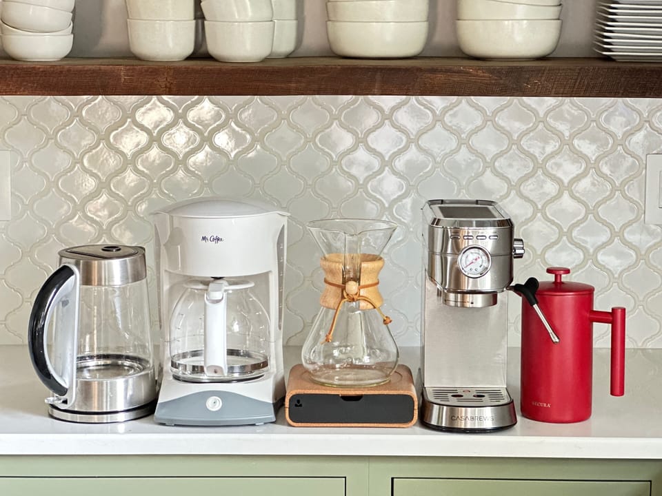 Electric Kettle, Mr. Coffee, Chemex, Espresso maker w/ steam wand, French press.
