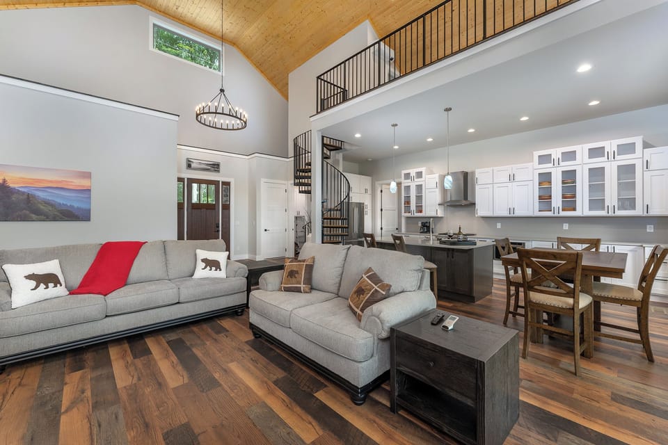 Full view of open concept Living room, Kitchen and Dining Area