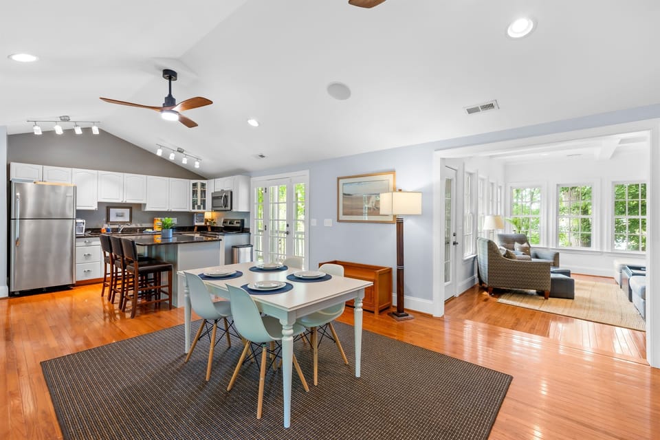 The dining area offers room for everyone to gather and enjoy a shared meal. 