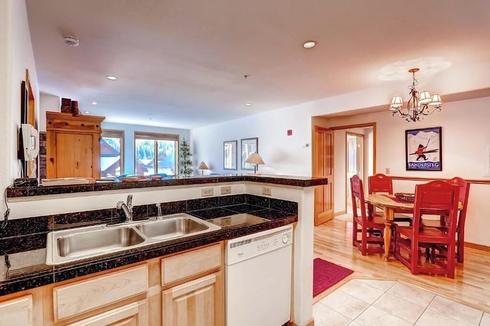 Open kitchen, dining and living area