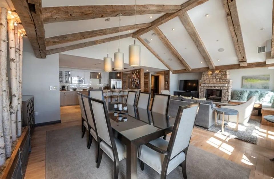 Elegant dining area with rustic charm and plenty of natural light.