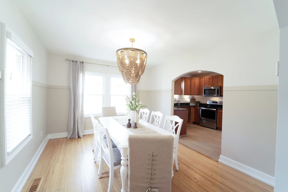 Formal dining room w/seating for 8 guests. High chair available.