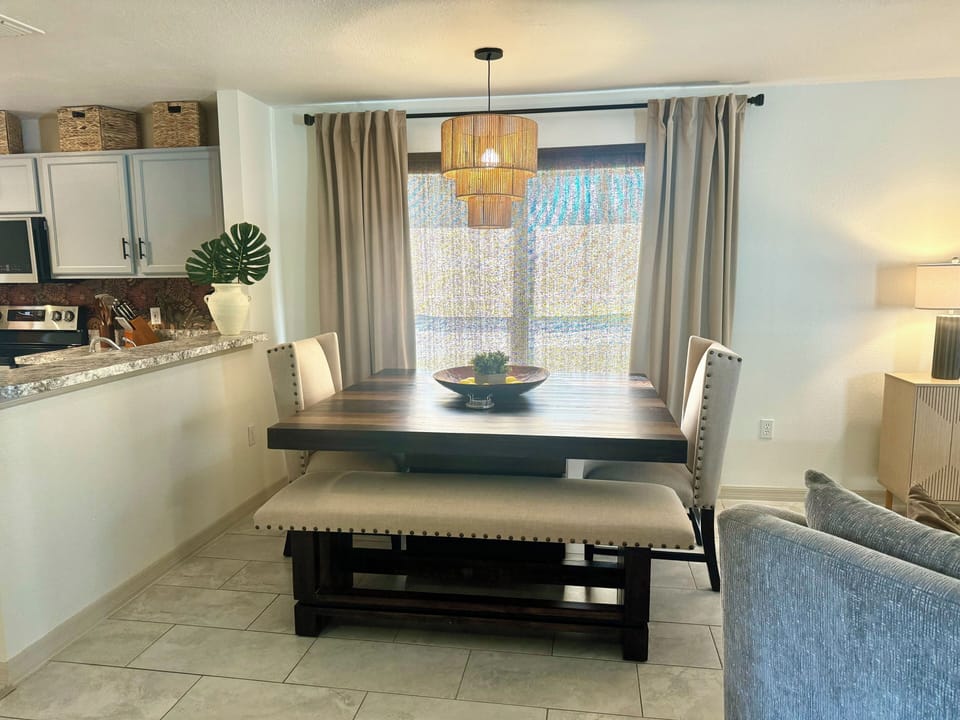 Dining area with solid wooden table