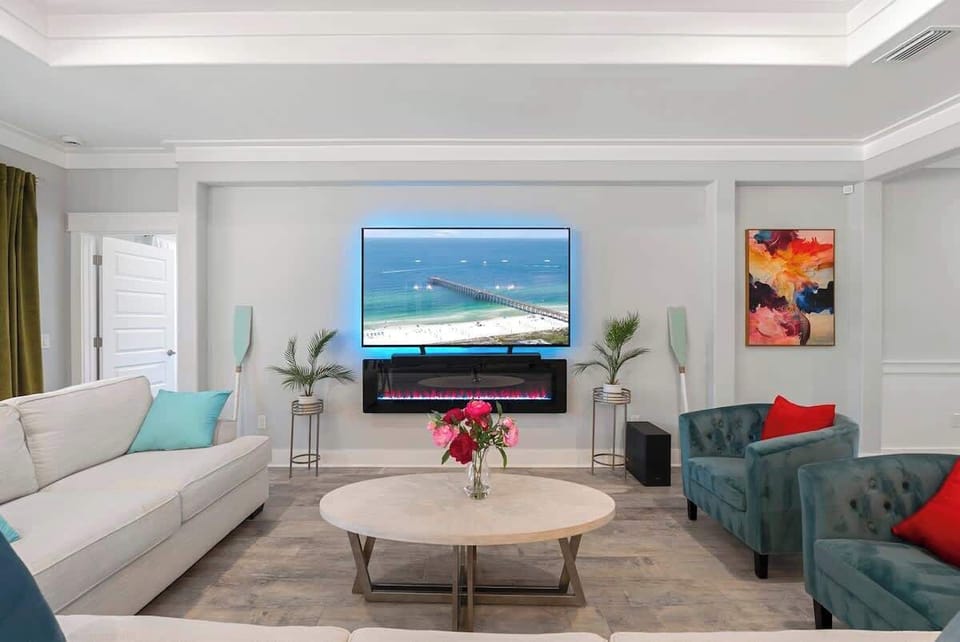 Living Room with Fireplace, YouTube TV, Samsung Speakers & Subwoofer 