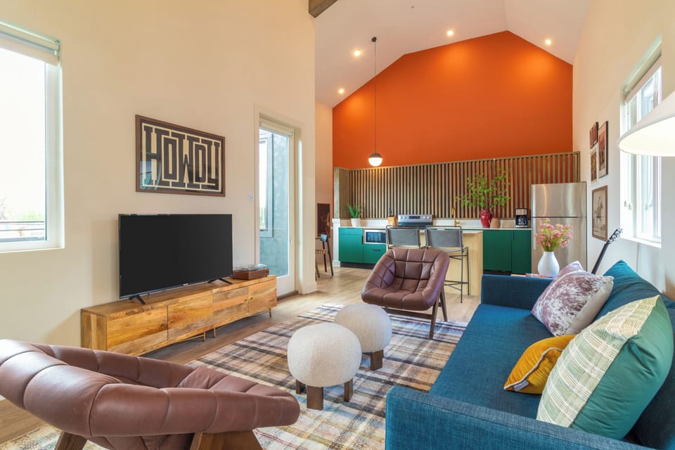 Open floor plan with vaulted ceilings.