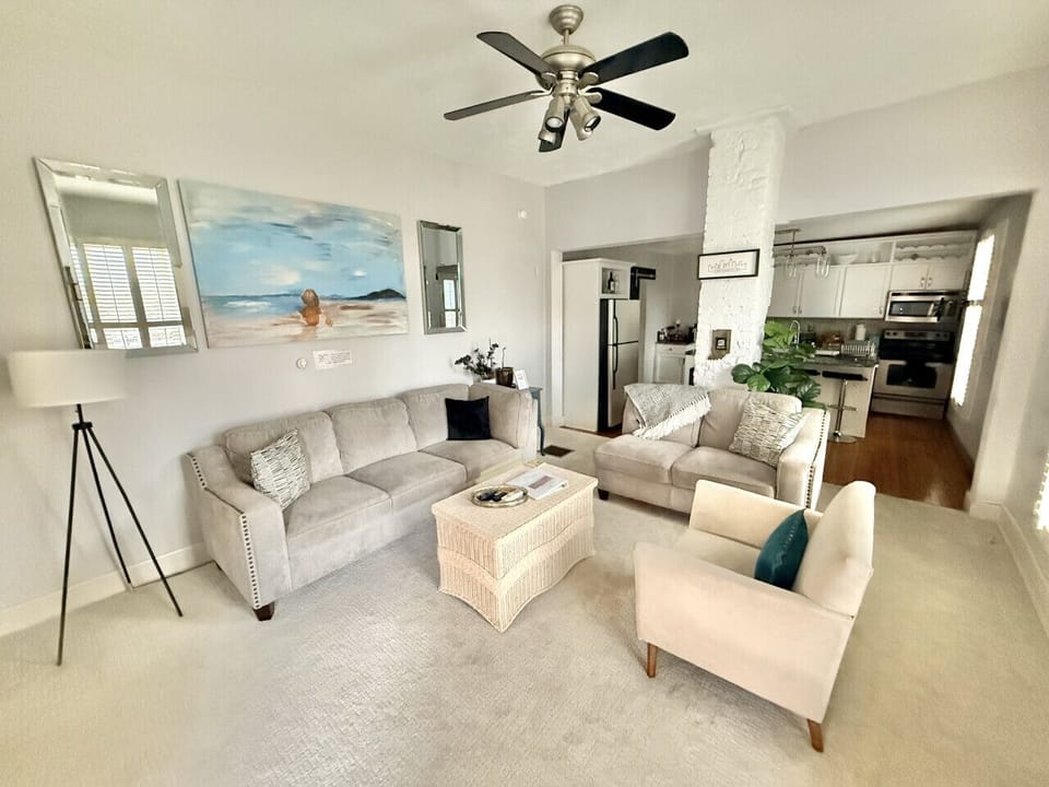 Living Room - The coffee table and chair can be moved in order to fit the queen air mattress that we provide.